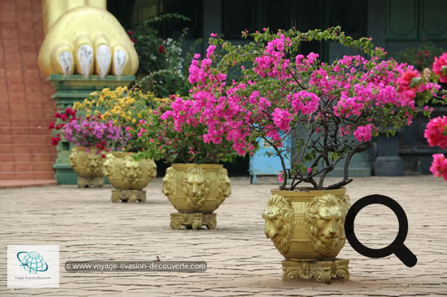 Il y a tout d’abord un temple plus moderne un peu kitch comportant une immense statue dorée de Bouddha en position assise de 30 mètres de haut. Celui-ci est en accès libre, il n’y a rien de spécial à voir si ce n’est le bâtiment lourdement décoré, la statue et les jardins. Il y a aussi un musée consacré au Bouddhisme mais nous ne l’avons pas visité.