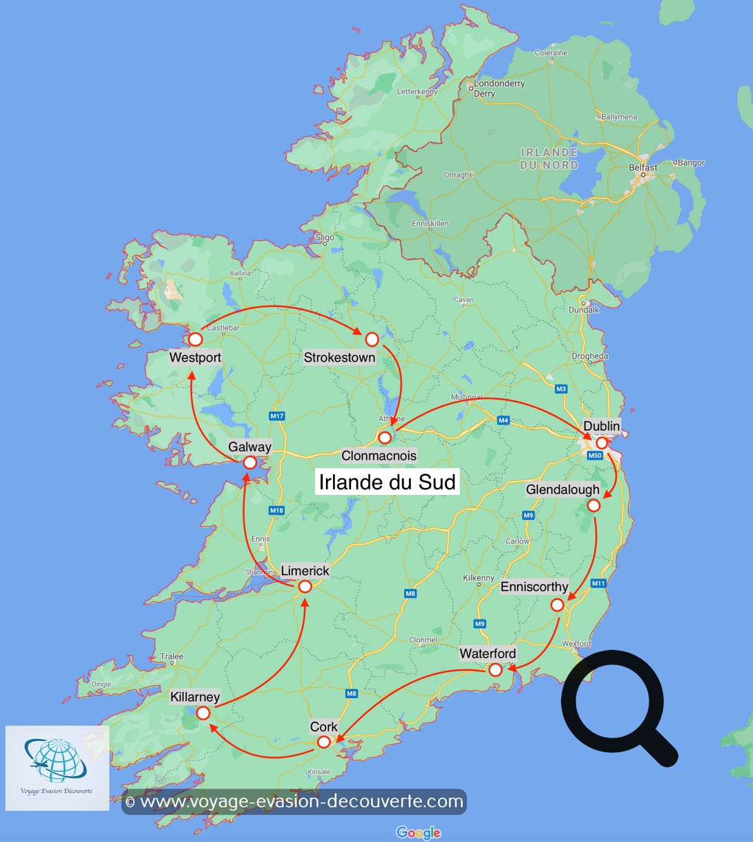 Carte de notre road trip en Irlande du Sud