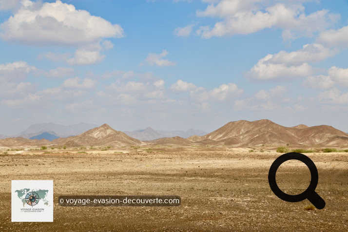 La route qui nous mène vers Nizwa traverse un paysage toujours désertique, relativement plat, mais d'une beauté saisissante. À l'horizon, quelques montagnes arides se découpent comme des silhouettes de pierre, austères et majestueuses à la fois. Leur teinte ocre se fond dans le ciel pâle, créant une toile de fond presque irréelle.