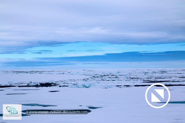 Progressivement le bateau ralentissait. Nous avancions prudemment dans cette mer couverte de plaques de glace de plus en plus grandes et de plus en plus denses. Maintenant, le navire pousse, se hisse et éclate, par à-coups, presque continuellement  ces floes de banquise. On sent que le brise-glace commence, par moment, à avoir du mal à avancer. L’élan du navire est brisé, il s’arrête presque devant cette masse avant de repartir comme si de rien n’était. Les deux moteurs du bateau vrombissent et les énormes plaques cèdent sous son poids en s’engloutissant en partie sous la coque.  Un vrai combat de titan !