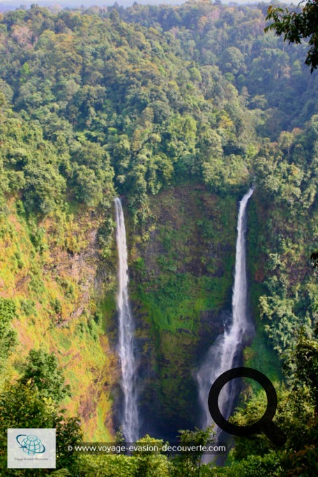 Nous sommes allés, en premier, voir les chutes de Tad Fane, entourées d’une jungle luxuriante au cœur du parc Dong Hua Sao. Ce sont les plus hautes du Laos, elle plonge à plus de 120 m dans un gouffre.