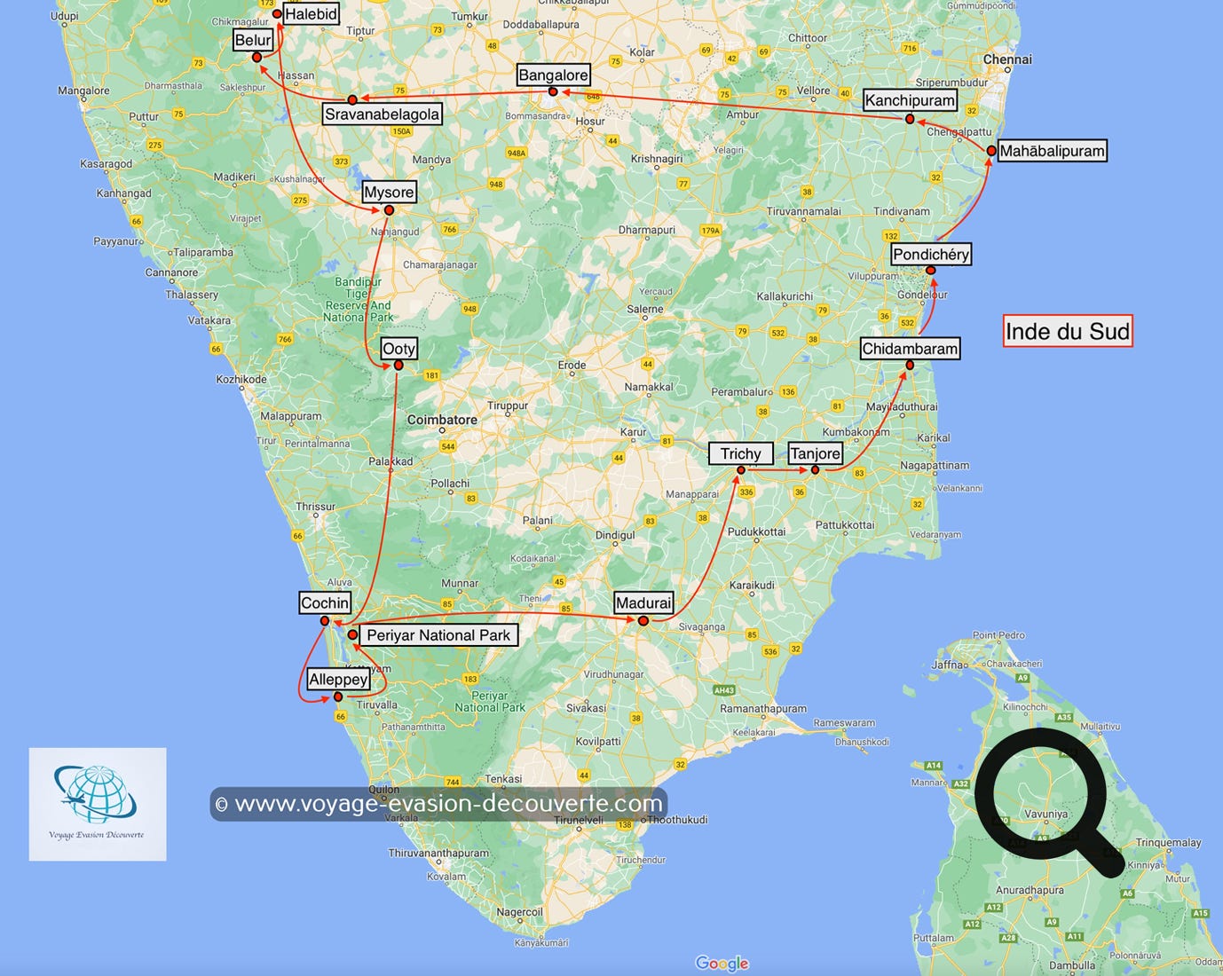 Carte de notre périple en Inde du Sud
