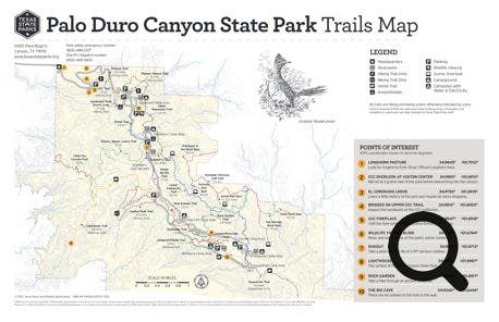 Carte détaillée des randonnées au Palo Duro Canyon State Park