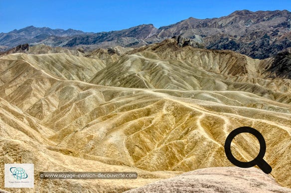 Cette vallée est en plein désert des Mojaves à 2h30 de voiture. Ce désert est l'un des déserts les plus secs au monde. Entre juin et août inclus, la température dépasse presque tous les jours 45 °C et parfois atteint ou excède 50 °C.   Conseil : Ne jamais partir dans Death Valley sans une grande bouteille d’eau par personne.  On ne sait jamais… Une panne !!!