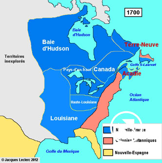 La Nouvelle-France correspondait à l'ensemble des territoires français en Amérique du Nord. Dans sa plus grande extension, juste avant le traité d'Utrecht de 1713, la Nouvelle-France comprenait cinq colonies, avec chacune son administration propre et son gouverneur.