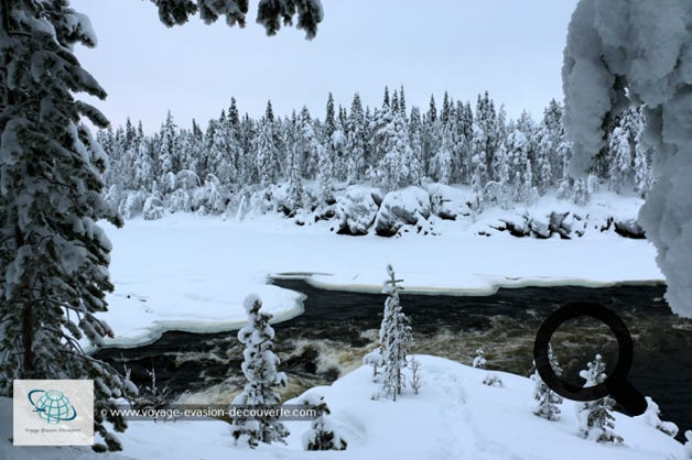 Ce matin nous partons à la découverte de l'île de Potkäsaari. Les contrâtes créés par la nature, entre la neige, l'eau sombre, les rochers nus et la glace, sont saisissants. Les rapides d'Aijäkoski sont tellement puissants que l'eau reste libre malgré le froid alors que le reste de la rivière, beaucoup plus calme et paisible, est figée par le gel depuis longtemps.