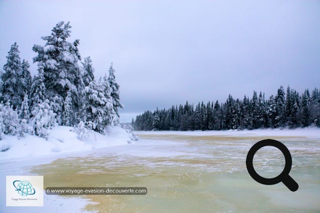 Ce matin nous partons à la découverte de l'île de Potkäsaari. Les contrâtes créés par la nature, entre la neige, l'eau sombre, les rochers nus et la glace, sont saisissants. Les rapides d'Aijäkoski sont tellement puissants que l'eau reste libre malgré le froid alors que le reste de la rivière, beaucoup plus calme et paisible, est figée par le gel depuis longtemps.