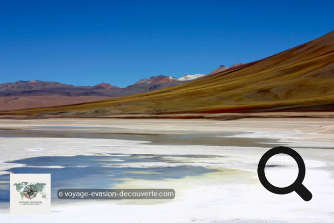 Ce lac salé est dominé par la haute silhouette du volcan Licancabúr, un stratovolcan andin de Bolivie