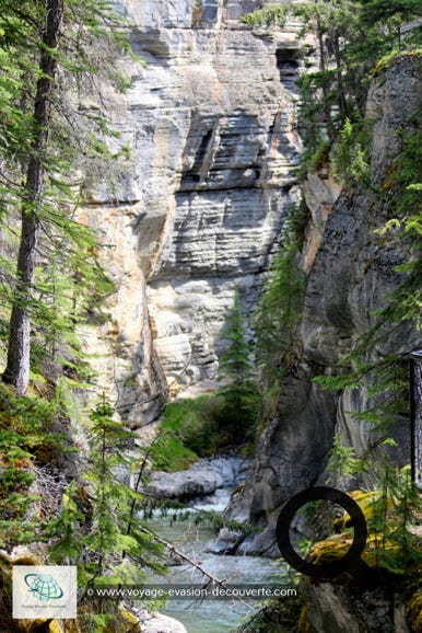 Pas très loin de la ville de Jasper, ce canyon, se trouve à 5 km après la jonction de la route 16A sur la petite route qui va en direction du lac Maligne. Très étroit et très profond, ce canyon est magnifique. Le paysage environnant est verdoyant et le sentier goudronné longe la gorge  en traversant une belle forêt de conifères. Il est incroyable d'imaginer comment la puissance de l'eau a érodé et sculpté cette gorge pendant de nombreuses années. 