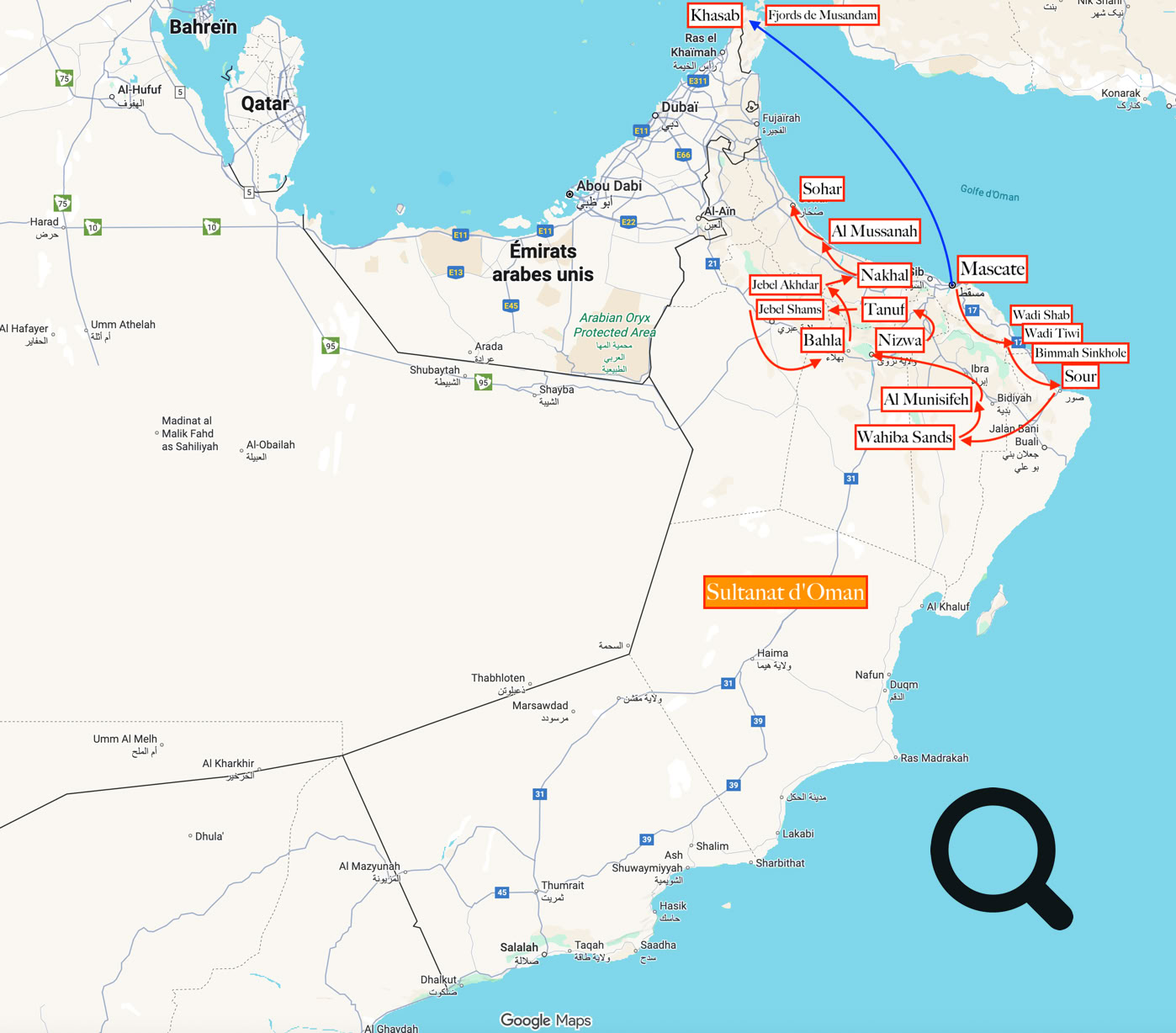 Carte de notre road trip au Sultanat d'Oman