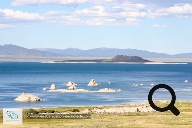 Situé à environ 13 km à l’est du parc du Yosemite, près de la ville de Lee Vining. Ce lac salé au milieu d'une vaste et ancienne caldeira est un écosystème original et inhabituellement productif. Ses 25 km de berges et 180 km² d'étendue d'eau servent d’habitat, de lieu de reproduction et de gué pour beaucoup d’espèces d’oiseaux sédentaires ou migrateurs. Mono Lake est célèbre pour la concrétion atypique d'argiles cimentées à la chaux hydraulique appelée tufa, qui, sous forme de tours, se montre surtout sur les rives méridionales du lac.
