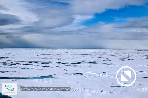 Progressivement le bateau ralentissait. Nous avancions prudemment dans cette mer couverte de plaques de glace de plus en plus grandes et de plus en plus denses. Maintenant, le navire pousse, se hisse et éclate, par à-coups, presque continuellement  ces floes de banquise. On sent que le brise-glace commence, par moment, à avoir du mal à avancer. L’élan du navire est brisé, il s’arrête presque devant cette masse avant de repartir comme si de rien n’était. Les deux moteurs du bateau vrombissent et les énormes plaques cèdent sous son poids en s’engloutissant en partie sous la coque.  Un vrai combat de titan !