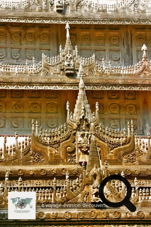Le monastère Shwe Nan Daw est une structure en teck sculpté et ciselé à la perfection selon les principes de l’architecture birmane du XIXe siècle. C’est un large Shen-yang avec quatre niveaux de toitures séparés. Les décorations et ornements, les sculptures raffinées des parapets et des portes donnent une indication de la richesse du palais royal disparu.