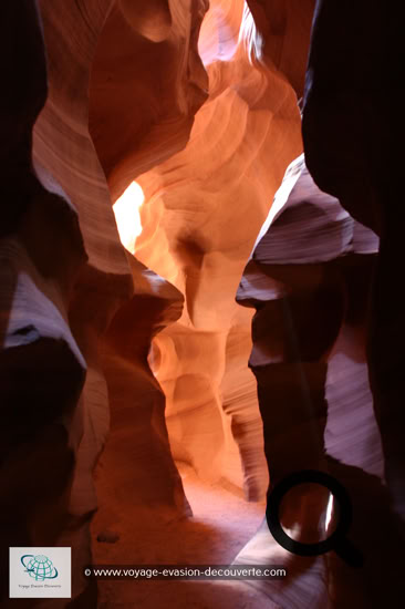 On dit que tout ce qui est petit est mignon, et bien ici, cela prend tout son sens… Ce petit canyon est tout simplement superbe, une vraie palette de couleurs ocres.  L’érosion et le vent ont creusé dans le grès cette crevasse étroite et très profonde, créant une draperie de roches qui  s’enroulent vers l’azur. Des vagues minérales qui s’entortillent d’ombre et de lumière. Un défilé creusé dans un plateau  de grès rouge et rose appelé Navajo sandstone. Des puits de lumière jouent sur les changements de couleurs des parois, illuminées quand le soleil est à son zénith.